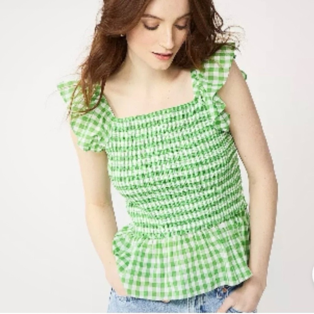 Draper James RSVP Peplum Women’s Top Green Gingham Checkered Smocked Blouse Sz L